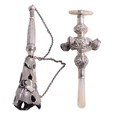 Lot 241 - Victorian silver posy holder and a silver and mother of pearl rattle/teether