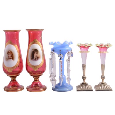 Lot 23 - Pair of Bohemian ruby glass vases; lustre vase; pair of flutes