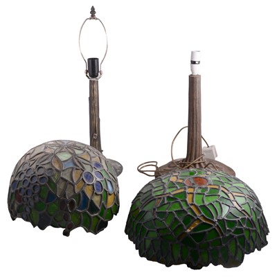 Lot 185 - Two reproduction Tiffany style table lamp bases, and two leaded glass shades