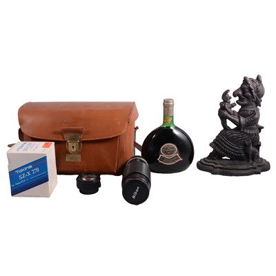 Lot 165 - Box of miscellany including camera lens, cast iron flatback, vintage madeira, etc