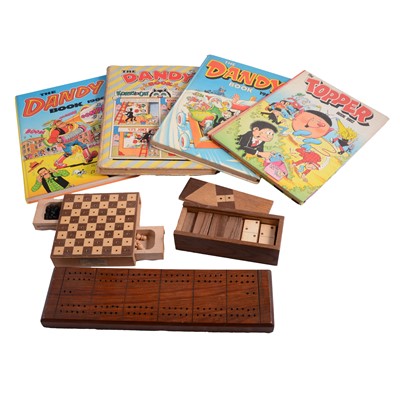 Lot 177 - Two boxes of Children's annuals, games, and die-cast commercial vehicles.