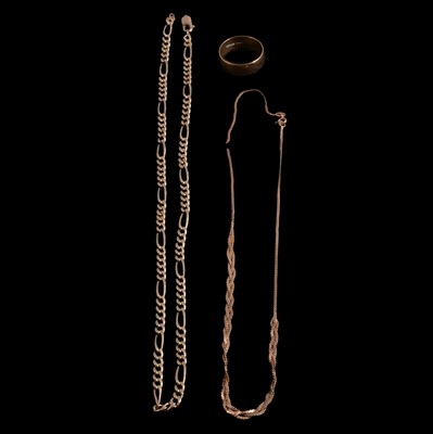 Lot 1120 - A 9 carat gold wedding band, and two gold chains.