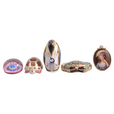 Lot 29 - Three Royal Crown Derby paperweights, commemorative paperweight and a miniature