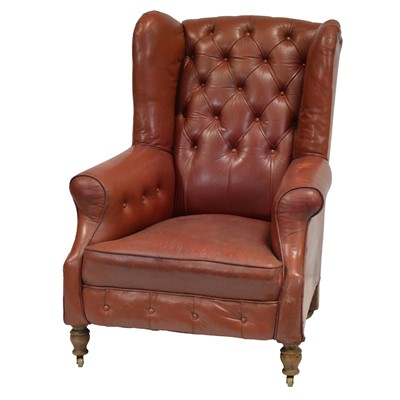 Lot 405 - Victorian wing back armchair, buttoned leather upholstery