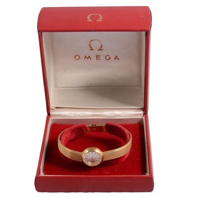 Lot 1088 - Omega - a lady's yellow metal manual wind bracelet wristwatch.