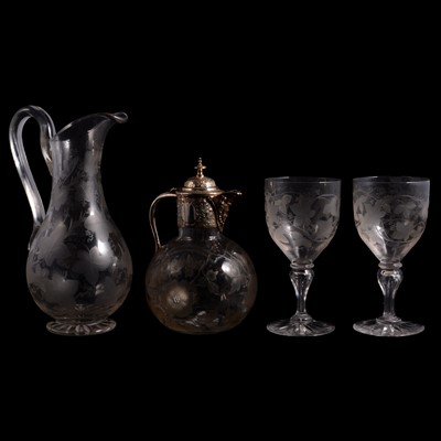 Lot 260 - Victorian silver mounted claret jug; Victorian pear-shape jug; and pair of matching goblets