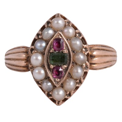 Lot 23 - A red stone, green stone, and pearl ring.