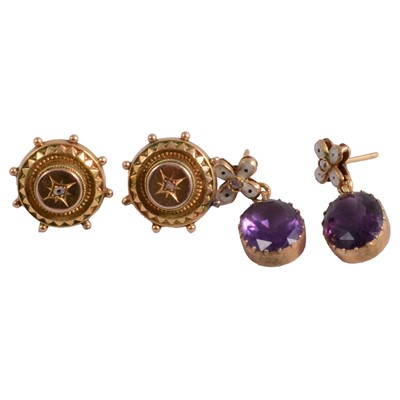 Lot 443 - A pair of yellow metal Etruscan style diamond earstuds, and a pair of gemset earrings.