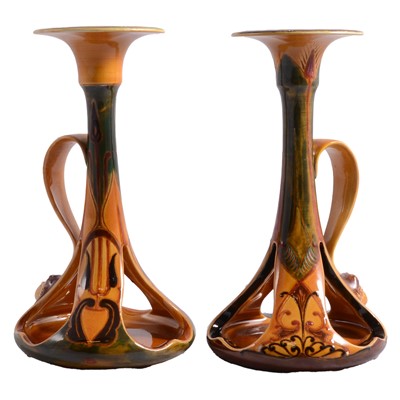 Lot 14 - Unusual pair of Doulton Lambeth Art Nouveau candlesticks