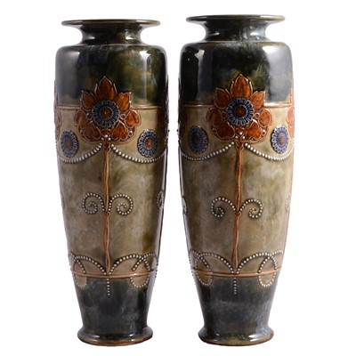 Lot 1 - Large pair of Doulton Lambeth 'Sunflower' vases, circa 1900