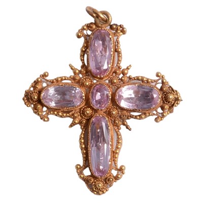 Lot 376 - A 19th century pink topaz cross pendant.