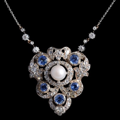 Lot 363 - A sapphire, diamond and pearl necklace.