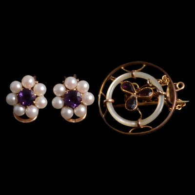 Lot 442 - A pair of amethyst and cultured pearl earclips, and an amethyst and mother-of-pearl brooch.