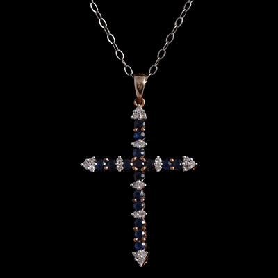 Lot 205 - A sapphire and diamond cross on a chain, and pair of paste set earrings.
