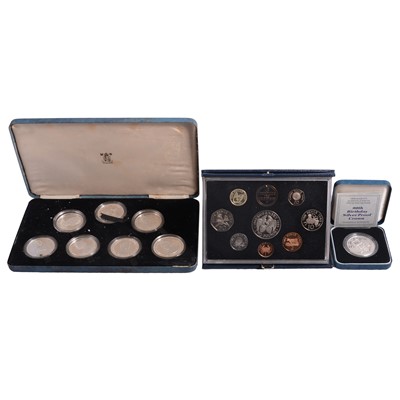 Lot 191 - Six Commonwealth Silver Crowns cased, 90th Birthday Silver Proof Crown, Guernsey Decimal set.