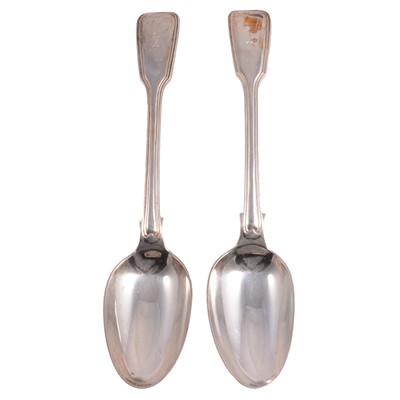 Lot 257 - A pair of Victorian silver Fiddle and Thread pattern table spoons, Chawner & Co (George William Adams) London 1849.