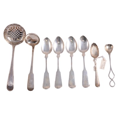 Lot 245 - Silver sifting spoon and other silver cutlery