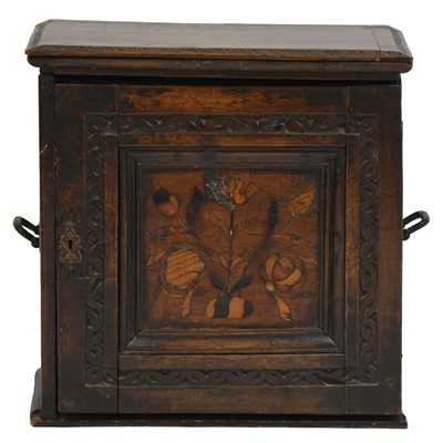 Lot 278 - Joined oak and inlaid spice cupboard