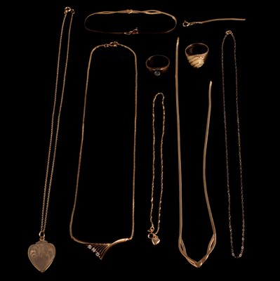 Lot 1140 - Yellow gold / metal bracelets, necklace, chain, and costume jewellery.