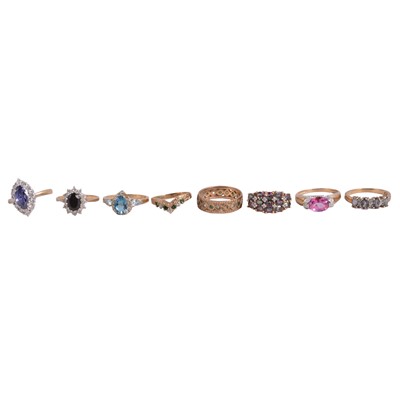 Lot 131 - Eight synthetic gemstone rings.