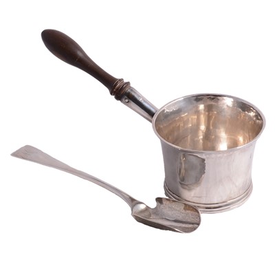 Lot 249 - Early 18th century silver brandy warmer, silver cheese scoop