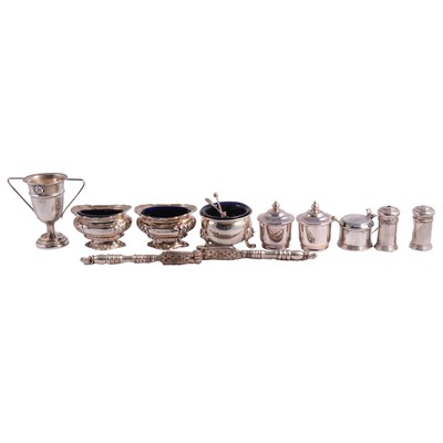 Lot 254 - Collection of silver and silver-plated condiments, small trophy, etc.