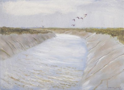 Lot 134A - Denys Watkins-Pitchford, Wildfowl over an estuary.