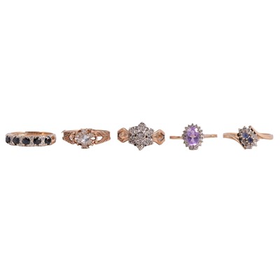 Lot 129 - Five gemset 9 carat gold rings.