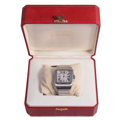 Lot 1049 - Cartier - a gentleman's Santos 100 XL stainless steel and white metal automatic wristwatch.
