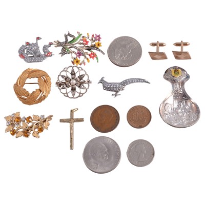 Lot 1287 - A yellow metal charm, vintage wristwatches, costume jewellery, coins, and caddy spoon.