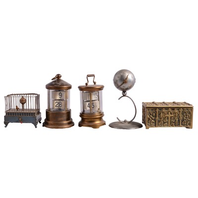 Lot 149 - Gothic style brass casket, bird automaton/clock, clock and two calendars