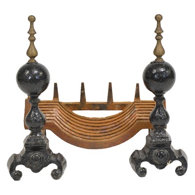 Lot 394 - Cast iron fire grate, with two andirons with finials and scrolled bases