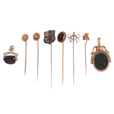 Lot 482 - Six stick pins, and two swivel fobs.