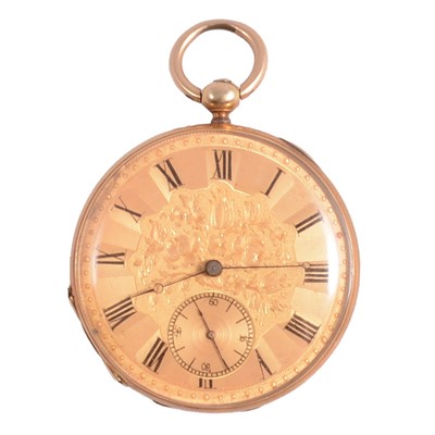 Lot 1010 - A small yellow metal open face pocket watch.