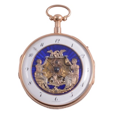 Lot 413 - A Swiss yellow metal open face pocket watch.