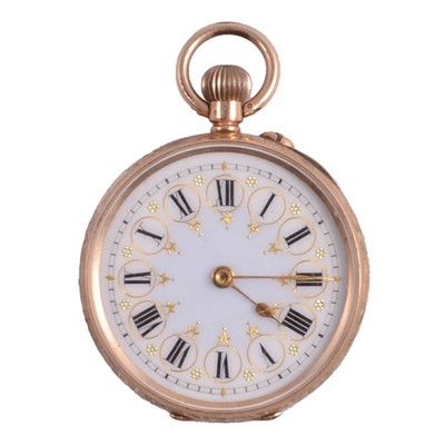 Lot 1012 - A 14k yellow metal open face fob watch.