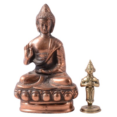 Lot 73 - Tibetan style copper plated figure of Buddha, and a cast brass diety figure