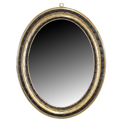 Lot 376 - Black painted and parcel gilt wall mirror