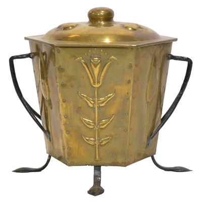 Lot 77 - English Art Nouveau brass and wrought iron coal bin