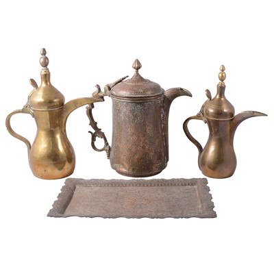 Lot 76 - Collection of Cairo ware brass coffee pots, etc