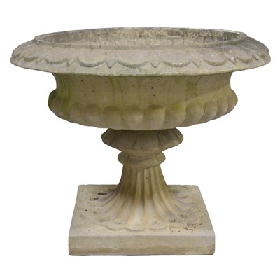 Lot 397 - Pair of Haddonstone campana-shaped garden urns.