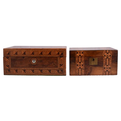 Lot 202 - Two burr walnut and Tunbridge ware writing slopes