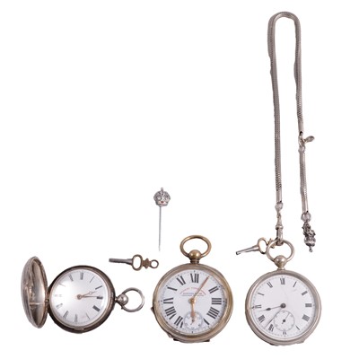 Lot 1044 - A silver full hunter pocket watch, nickel Railway Timekeeper, Beaucourt pocket watch and stick pin.