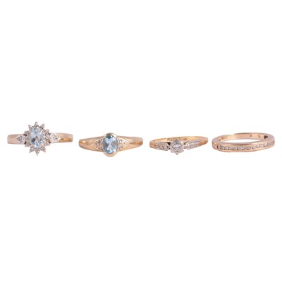 Lot 128 - Four gemset rings, diamond, pale blue gemstone and diamond.