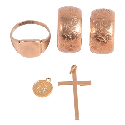 Lot 1130 - A gold signet ring, pairs of earrings, cross pendant, and St Christopher charm.