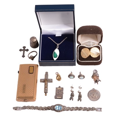 Lot 1273 - A collection of silver, white metal, and costume jewellery, and a Ronson lighter.
