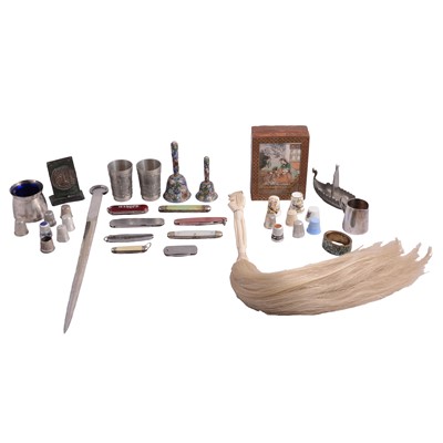 Lot 52 - Bone-handled fly whisk; silver-plated and pewter wares; two cloisonne bells; penknives etc