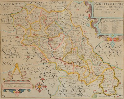 Lot 259 - Four antiquarian hand-coloured county maps, folding Geological Map, and a reference book