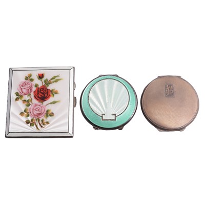 Lot 1224 - A silver and enamel cigarette case, compacts, brooches, earrings, and scent bottle.