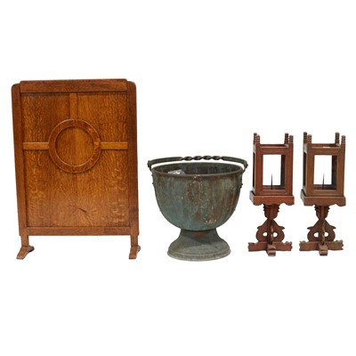 Lot 417 - Copper coal bucket, firescreen, pair of pricket lanterns, book rack, etc.